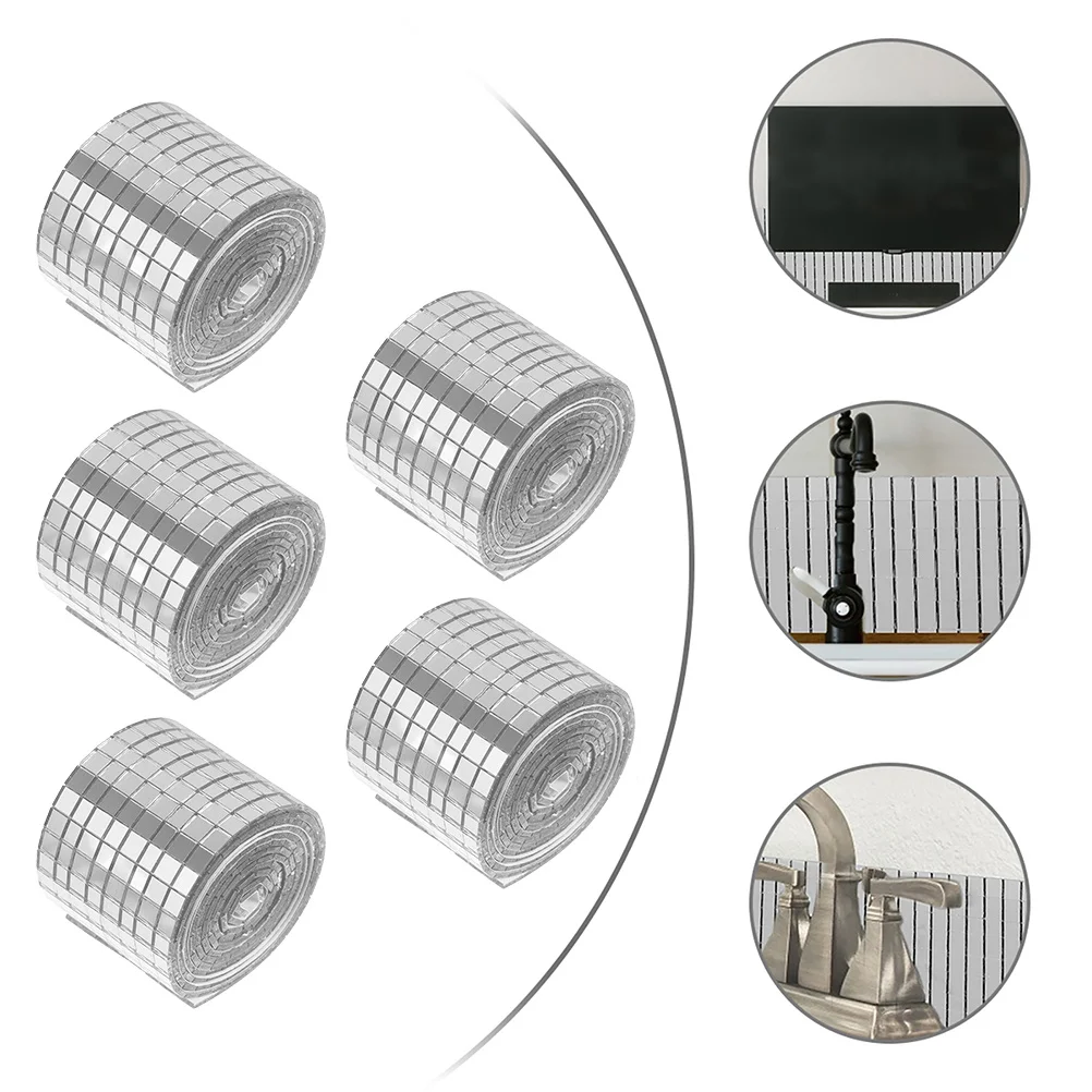 5pcs 5 Rolls Self-Adhesive Mini Square Mirror Mosaic Wall Sticker For Home Kitchen Bathroom Glass Metal Surface Waterproof Tile