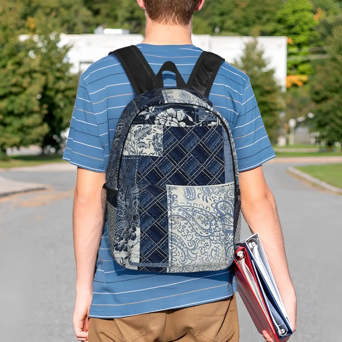 Blue Faux Denim Patchwork Quilt Design Backpack Student BookBag Kids School Bag Computer Shoulder Bags for Men Women