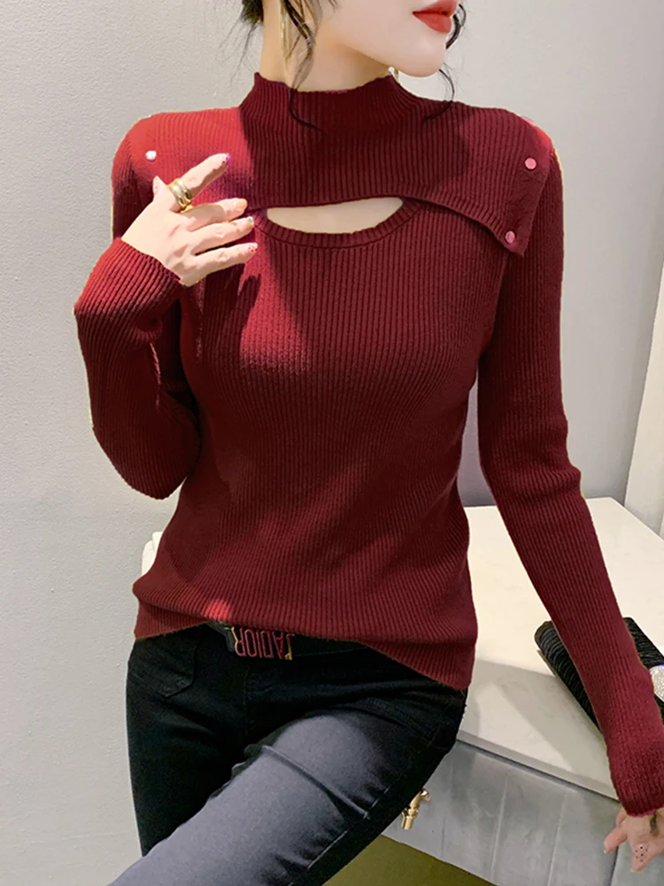 

Winsleter Simple Basis Pullover Autumn Winter New Sweater Women High Collar Hollow Out Slim Knitting Long Sleeve T39959JD