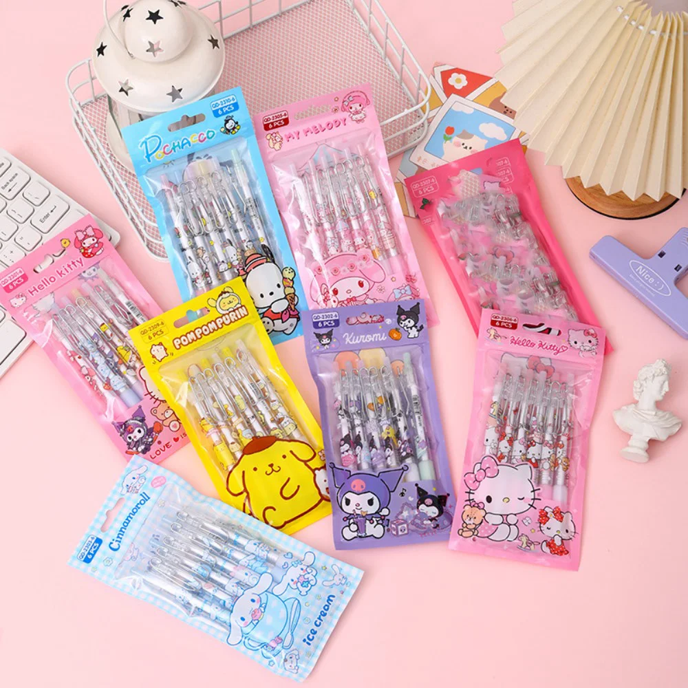 

6pcs/set Anime Sanrio Kawaii Cute Cartoon Kuromi Hello Kitty Student Neutral Pen Office Diary Stationery Supplies Festivals Gift