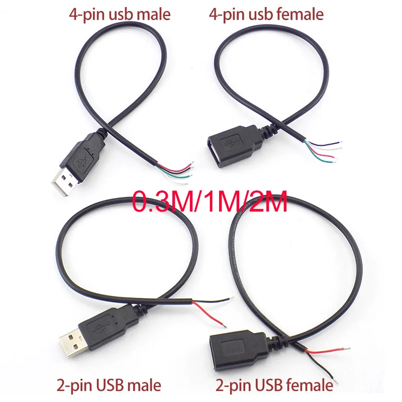 Cable de extensión de carga de energía, conector macho y hembra de 1m, 2m, 2 pines, 4 pines, USB 2,0, adaptador DIY de 5V