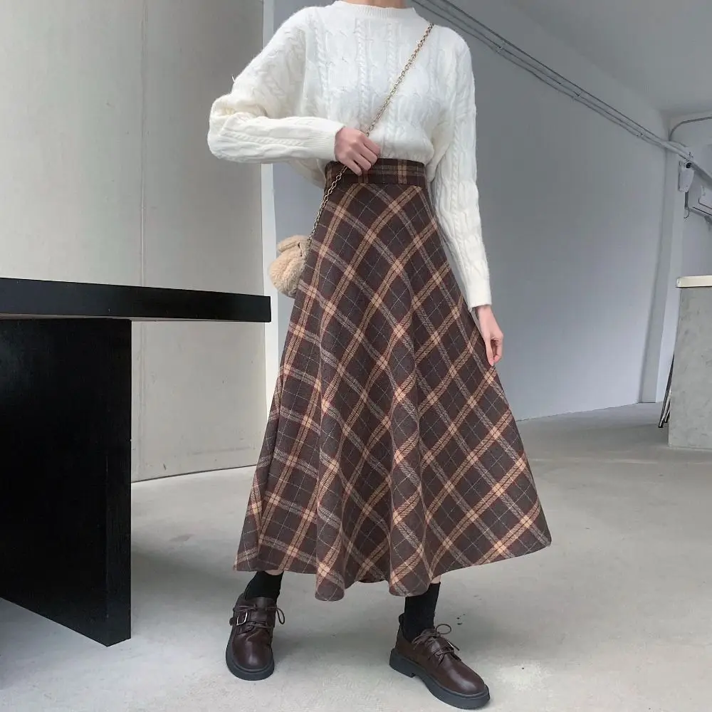 

Leisure High Waist Retro Plaid Skirt Winter Autumu Slim Fit High Waist Long Skirt Preppy Style Aesthetic A-line Half Dress Party