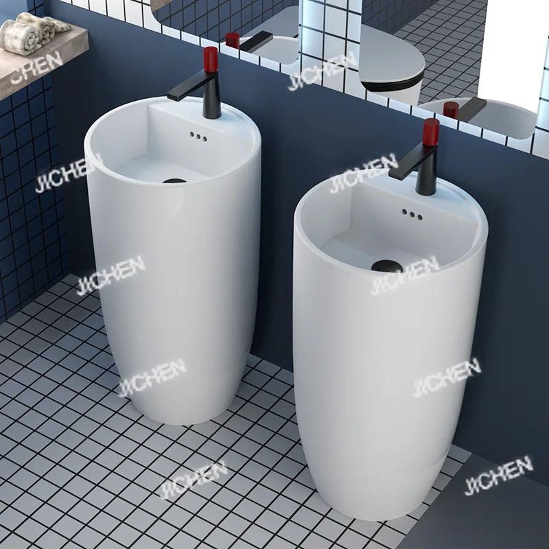 Lavabo de columna de cerámica Simple de una sola pieza, baño, piscina pequeña Vertical para lavar a mano, cara integrada de suelo a techo con balcón
