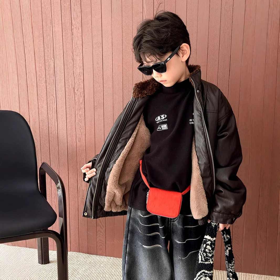 

Children Clothes Kids Warm Jacket Boys Winter Retro Soft Leather Coat Fleece Thickened 2025 New Korean Style Casual Jacket