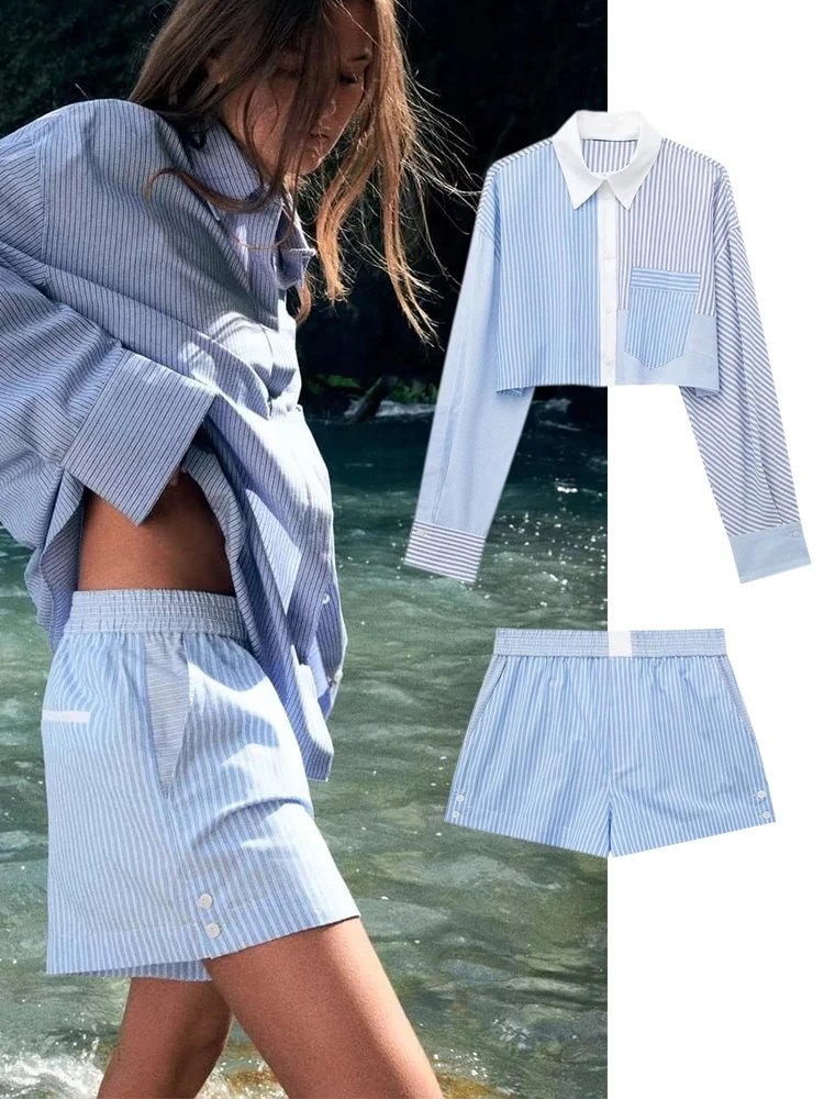 Women Sleepwear Set Fashion Patchwork Stripe Short Shirts + Shorts Suit Female Elastic Waist Trousers Woman 2 Piece Set Outifits