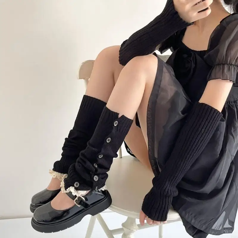 P88A 1 Đôi Tất Giữ Ấm Chân Mùa Đông Nữ Dệt Kim Nút Xuống Xù Viền Ren Tất Dài