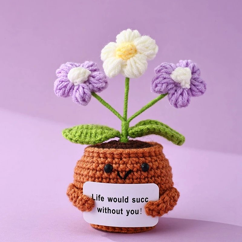 Funny Knitted Pot Smile Crochet Potted Flower Bouquet Positive Crochet Flower with Card Fruits Handmade Valentine's Day Gift