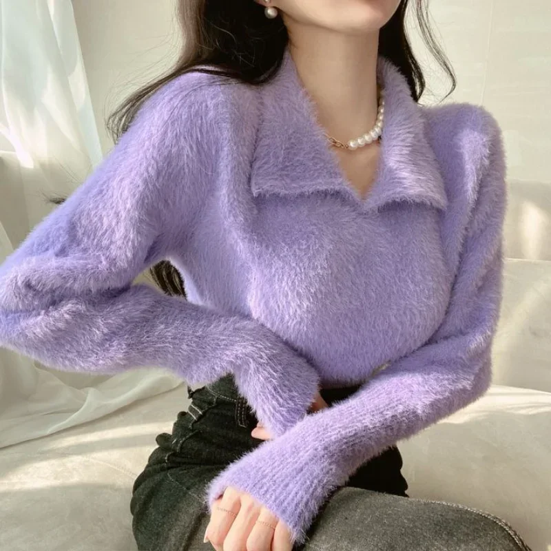 Fluffy Pullover Woman Turn Down Collar Solid Color Korean Fashion Long Sleeve Pullovers Sweet Soft Sweater Female V1652