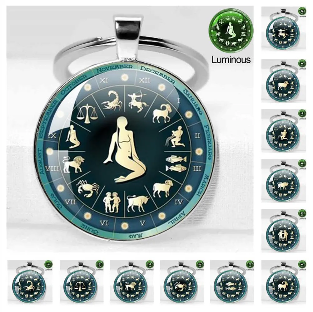 12 Constellation Key Chain Luminous Glass Pendant 12 Zodiac Key Chain Fashion Birthday Gift For Men And WomenGift
