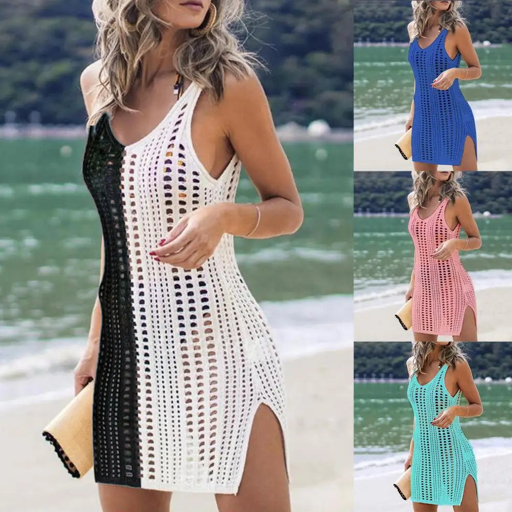Beachwear Cover Up Women Hollow Out Sleeveless Swimsuit Cover Up Sleeveless Summer Women Beach Dress for Water Sports