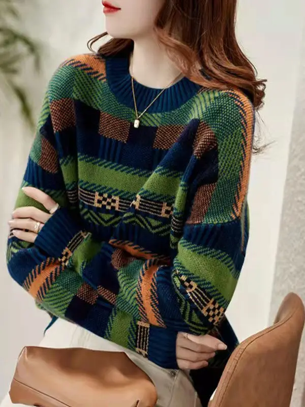 

Модный круглый вязаный свитер Ne, свободный базовый слой, внутренняя одежда, полосатый лоскутный свитер, осень-зима, Faion Commute Sle Long Sve