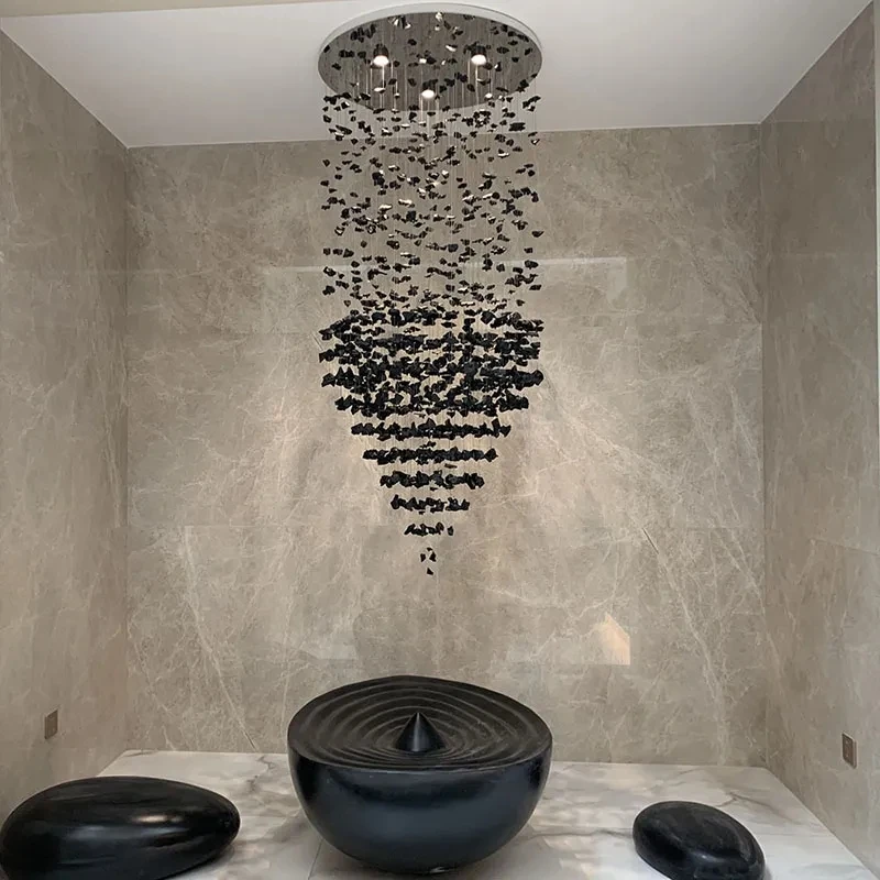 

Black Art Luxury Stone Crystal Chandelier For Staircase Hallway Lobby Modern Cristal Led Hanging Lamp Home Indoor Light Fixtures