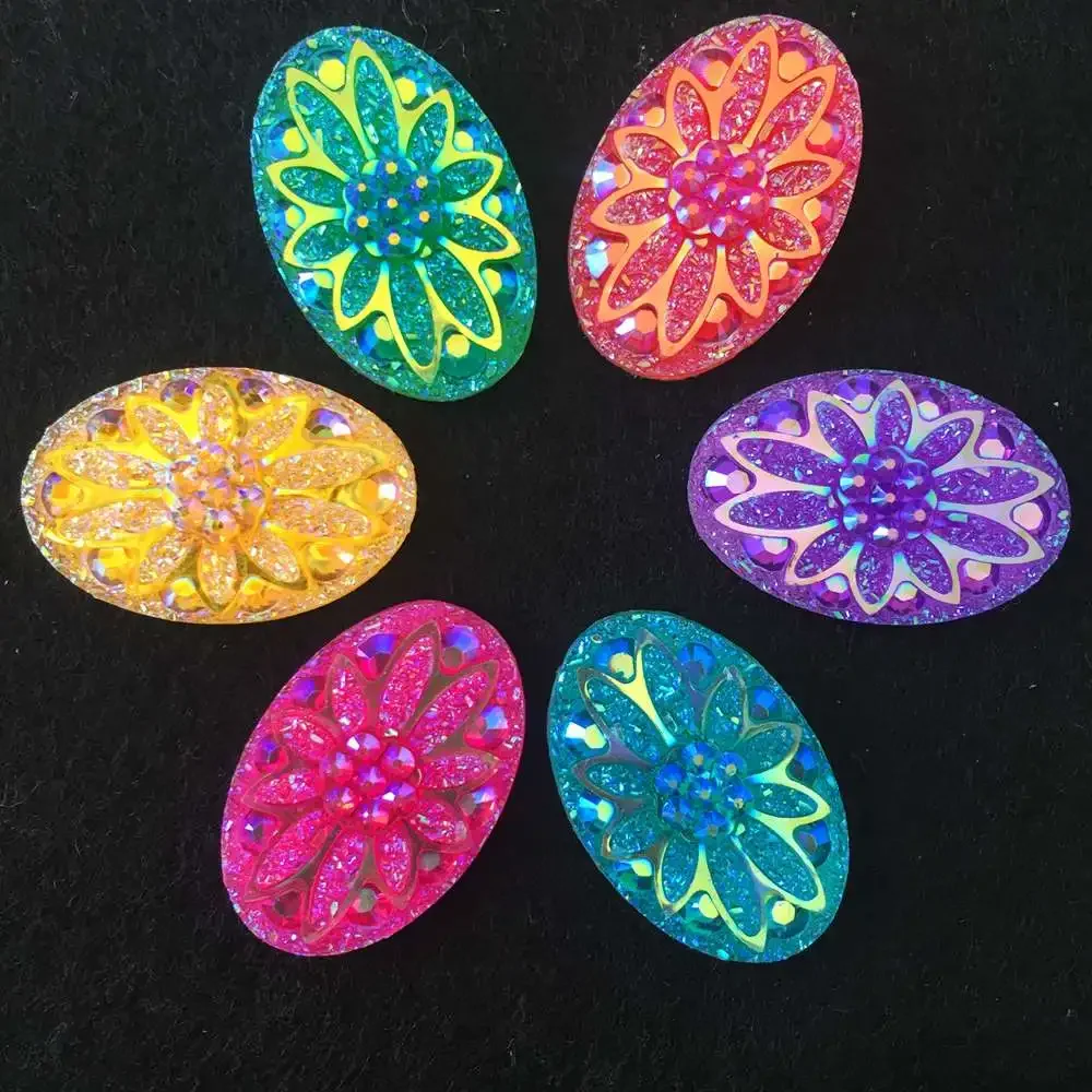 30PCS 20mm*30mm AB Resin Oval Flower Rhinestone Flatback Ornaments DIY Wedding  Appliques Craft SR21