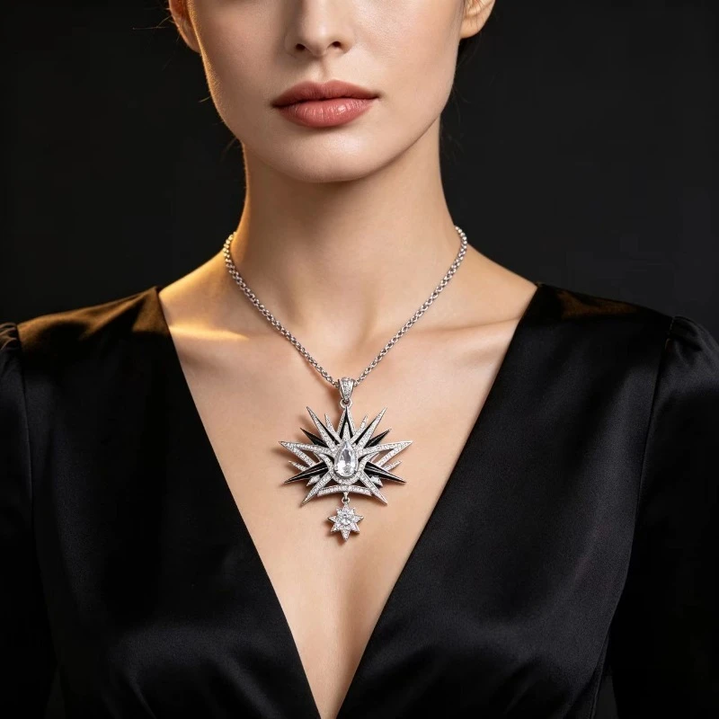 Full-Set Moissanite Star Burst Pendant Genuine S925 Silver North Star Shape Dangle Necklace Unisex Hip Hop Style Fine Jewelry