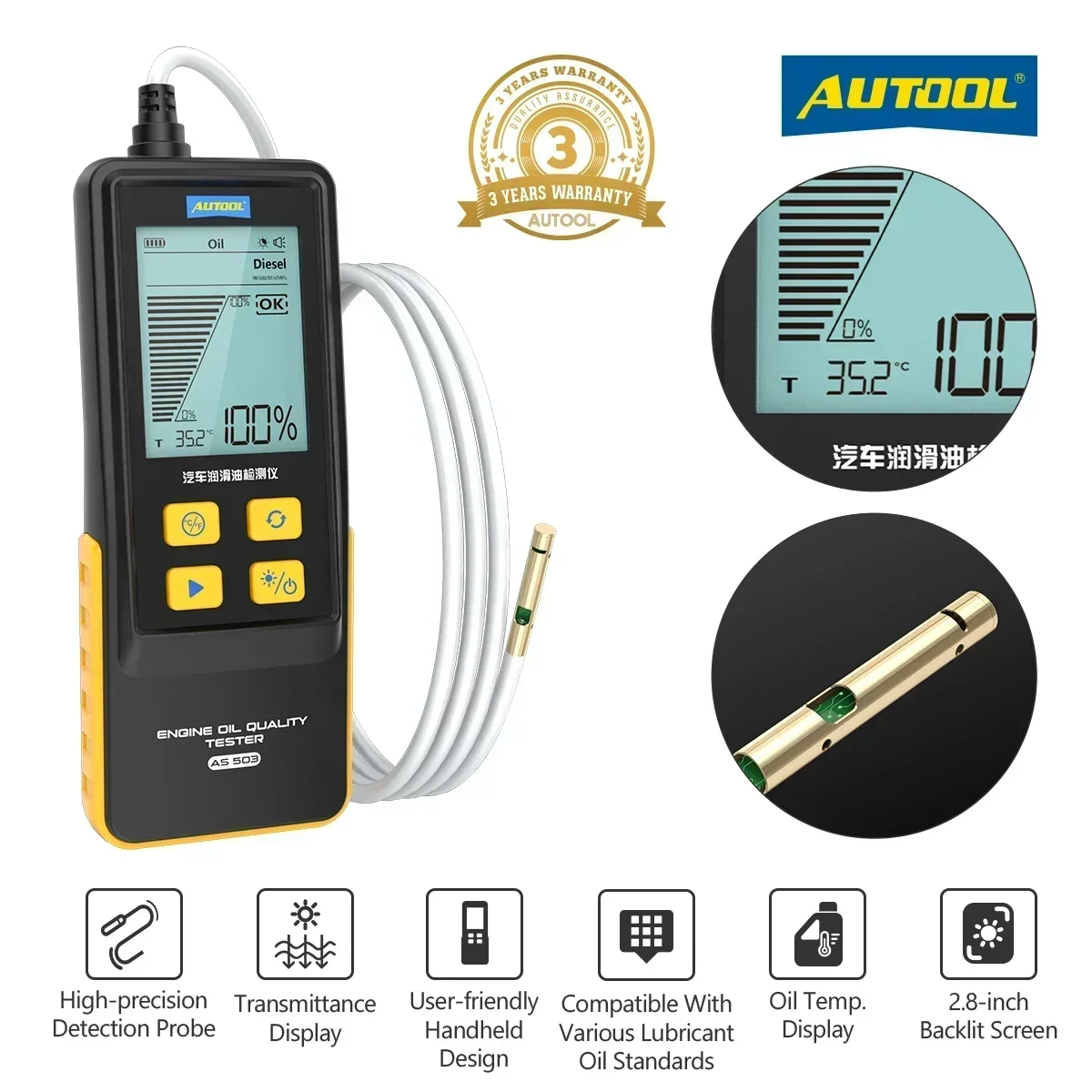 Noreter AS503 Automobile Engine Oil Tester Diesel Engine Lubricating Oil Analyzer Hose Probe Detection Tool Car Inspection Tools