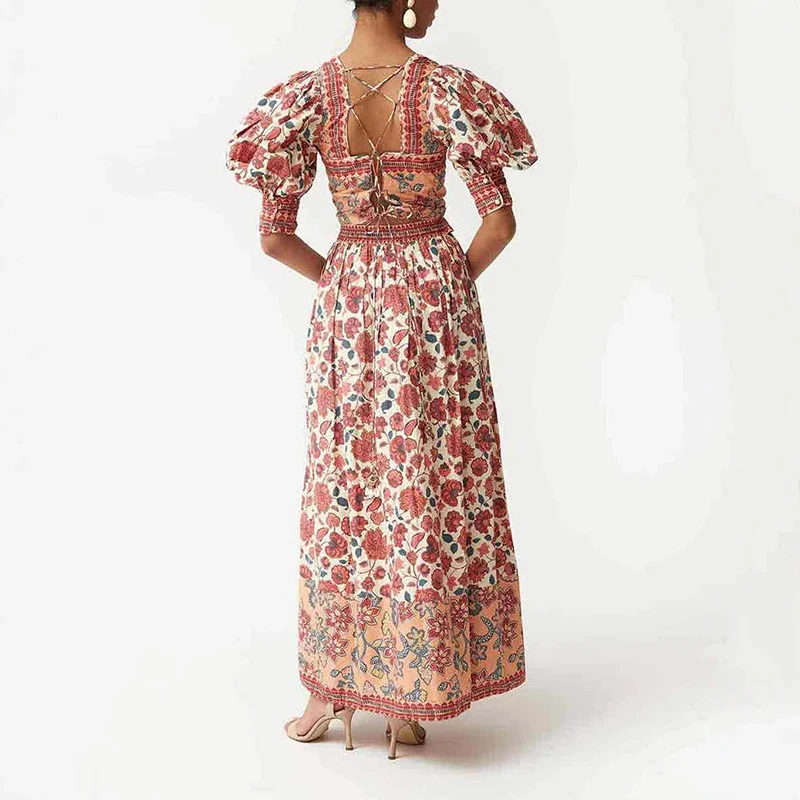 

Women Summer High Waist Pleat Dress Bohemian Leisure Retros Floral Printed Dress Elegant Puff Sleeve Square Collar Banquet Dress