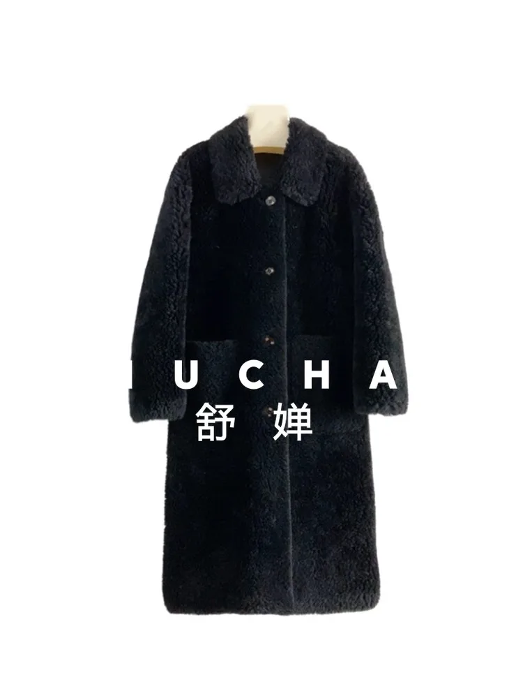 Cappotto di lana 100% Donna Nuovo caldo Tosatura delle pecore Cappotto monopetto con risvolto lungo Lana di agnello Casaco Feminino Inverno 2025