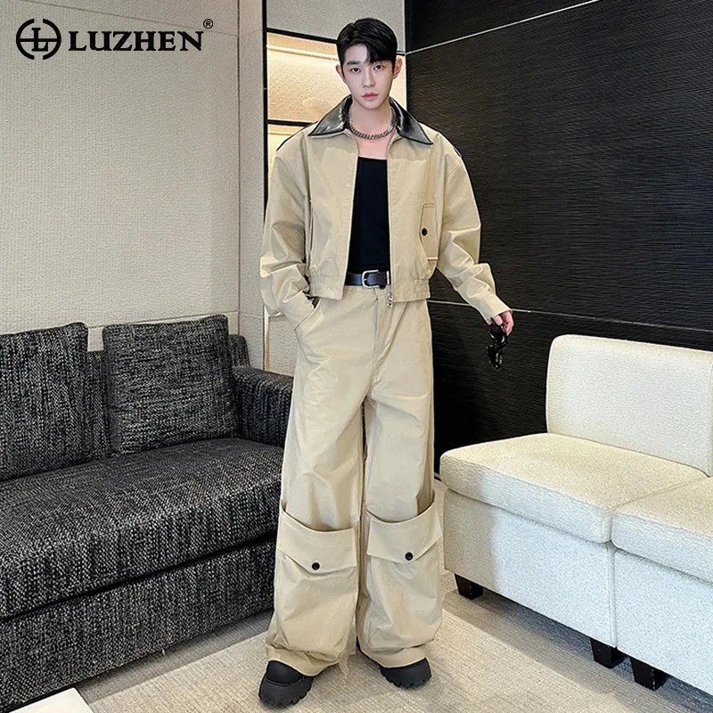 LUZHEN 2025 New Fashion Original Niche Two-piece Sets Elegant Leather Neck Casual Jacket Baggy Pockets Decorate Trousers JY5268