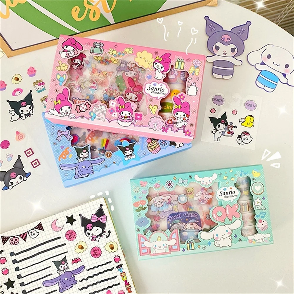 Sanrio Stickers Gift Box Set Kuromi Cinnamoroll Melody Cartoon Hand Account Books Guka Decoration DIY Sticker Girls Kids Toys