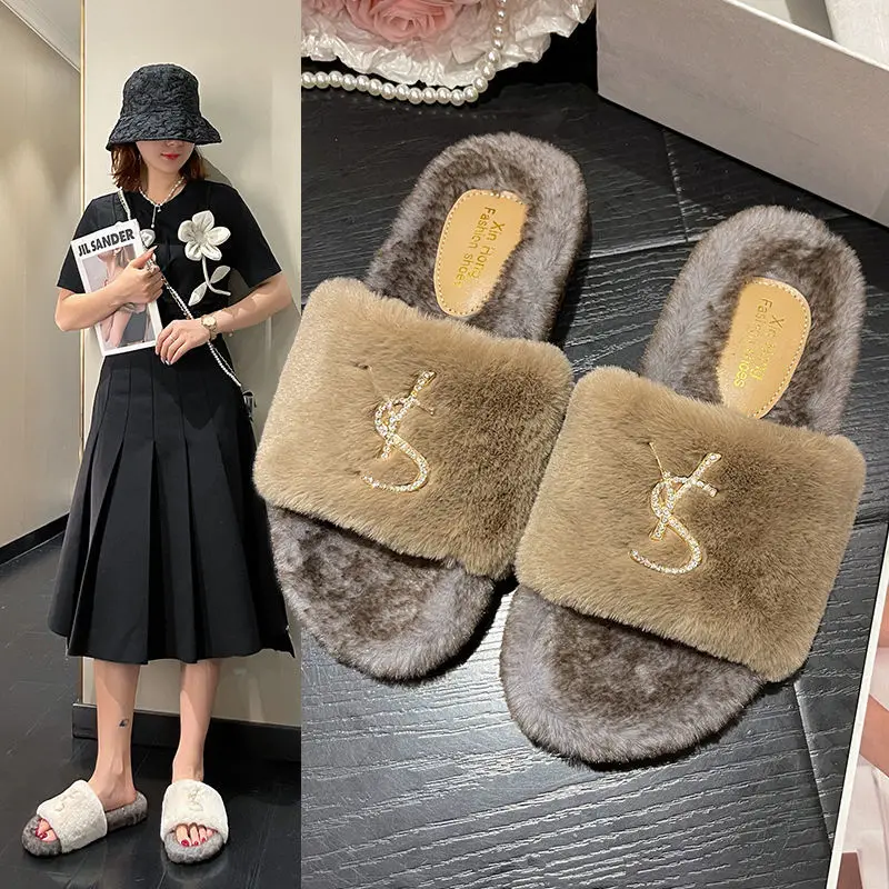 Mao Mao Rhinestone Slippers Are Worn In Autumn 2023, and The Thick-soled Autumn and Winter Luxury Sandals Are Worn