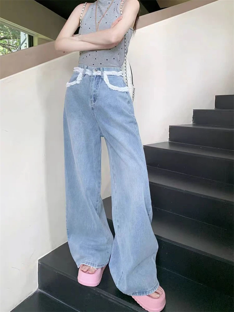 Women's Lace Splicing Design Blue Jeans Young Girl Denim Trousers Vintage Street Style Bottoms Female High Waisted Pants