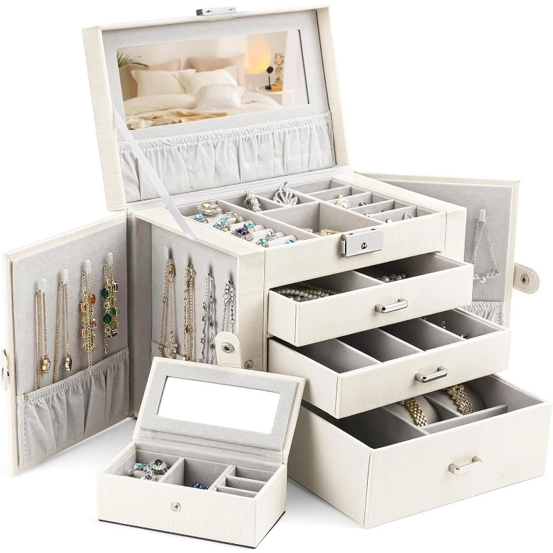 Women Jewelry Box Girls Small Travel Box Mirror Necklace Ring Earring Storage Box White Wood Grain