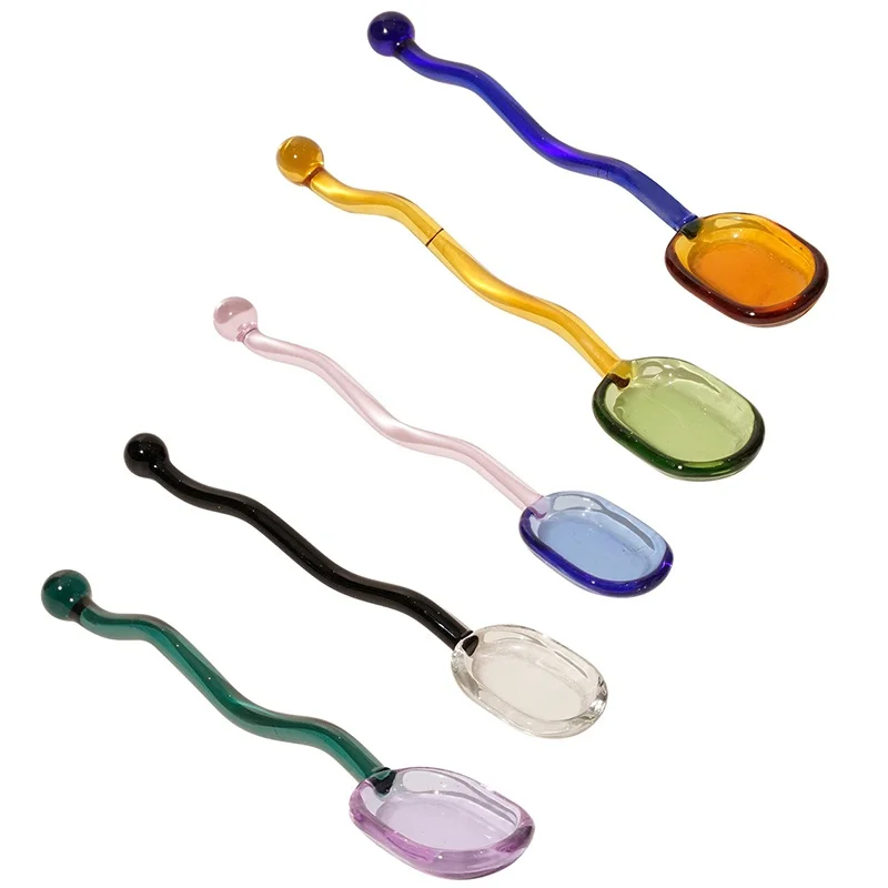 Creative Glass Milk Spoons Colored Transparent Coffee Dessert Stirring Spoon Long Handle Round Kitchen Tableware Stirrer Rod 1PC