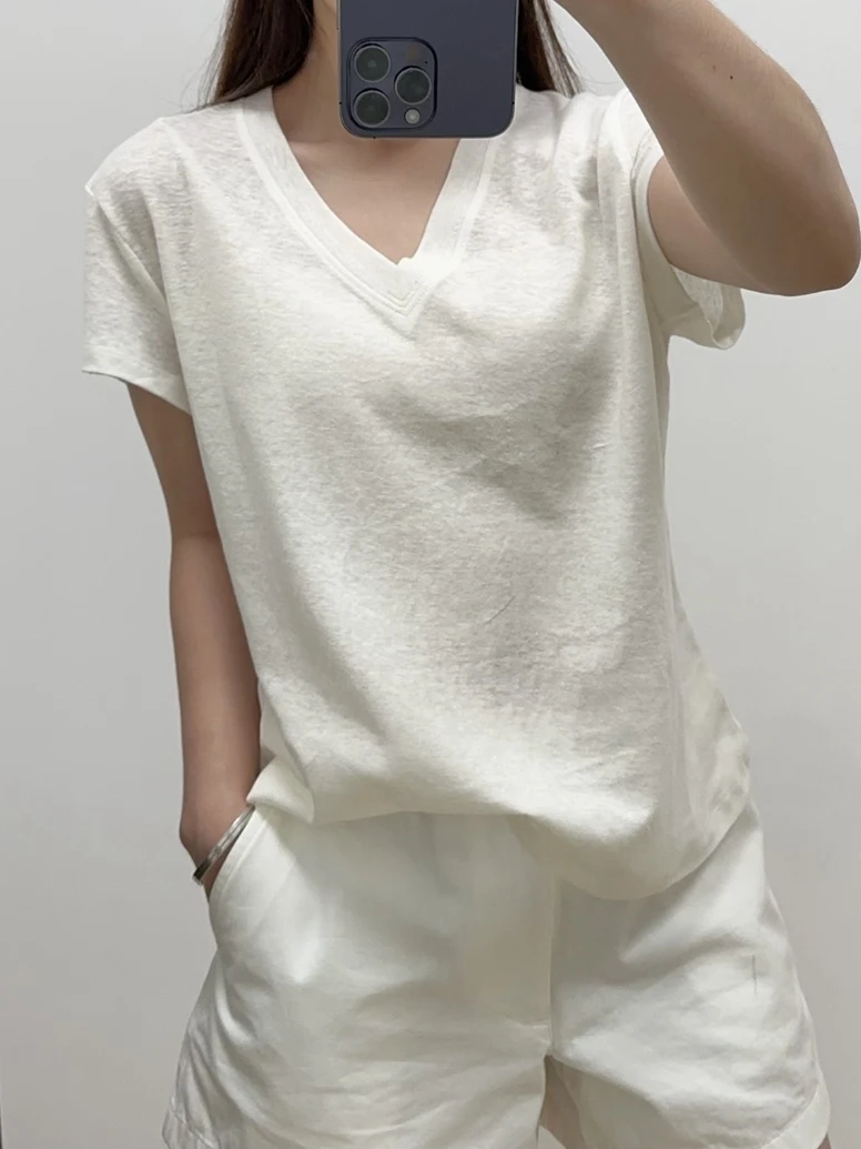 

Pure Linen Comfortable V-Neck Loose T-Shirt Simple Style Spring Summer New Breathable Body-Fitting Women's Casual Top