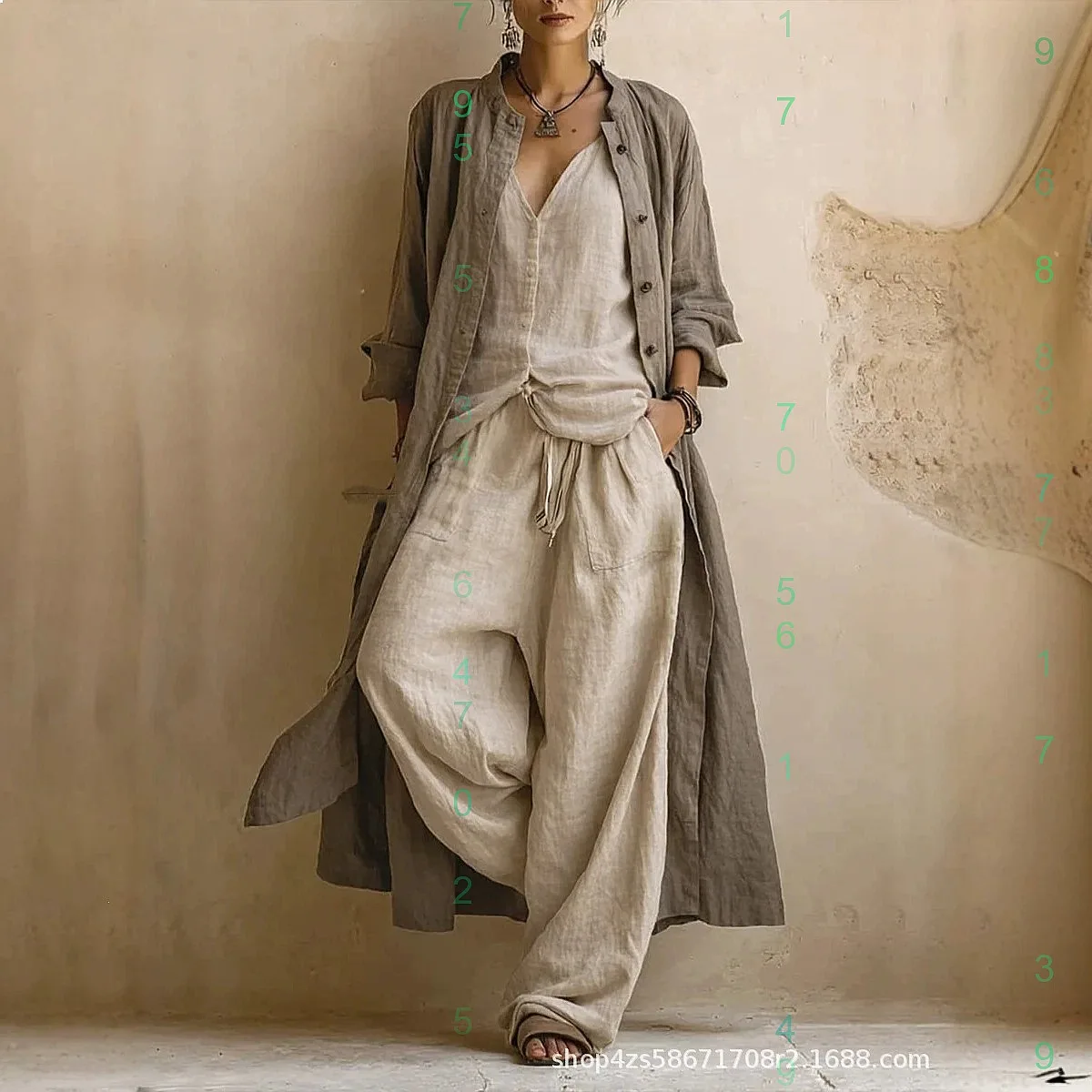 Einfarbiges Leinen-Baumwoll-Set mit Weitem Bein Hose Passendes Set Damen Sommer Mode 3-Teiliges Outfit Jumpsuit Playsuit Overall