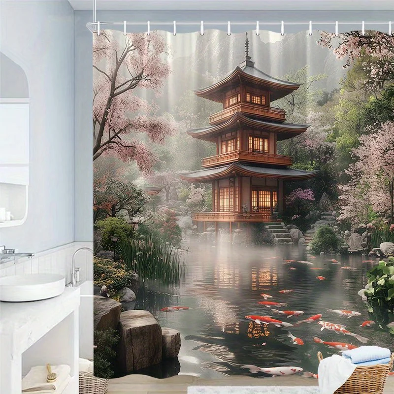 Japanese Temple Shower Waterproof Bath Curtain Curtain Liner Bathroom Decor Splash View Curtain for Master Bathroom