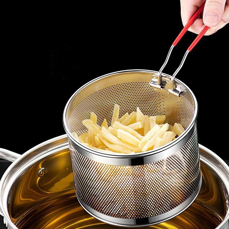 Cesta para freír de cocina de malla frita de acero inoxidable, cesta para cocinar, sartén, cacerola de aceite, colador, cuchara para fideos, colador, patatas fritas
