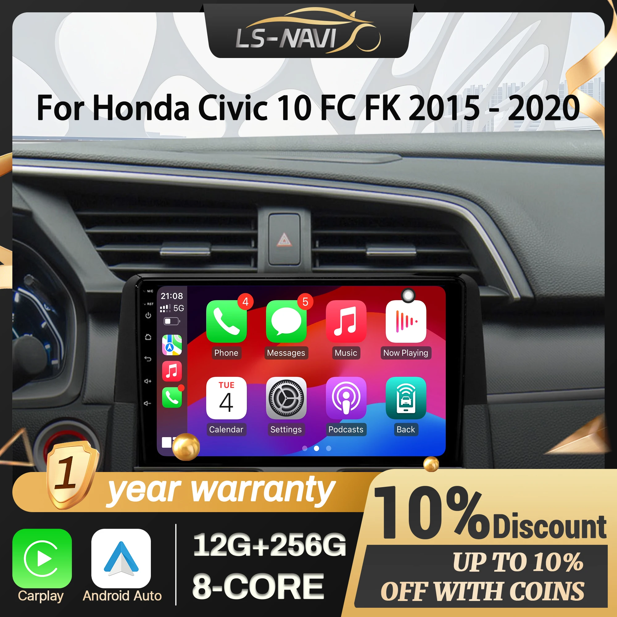 

For Honda Civic 10 FC FK 2015-2020 Android 14 Car Radio Multimedia Navigation 4G GPS Wireless CarPlay Bluetooth 2K QLED Screen