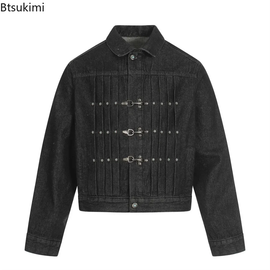 2026 Neue Herren Vintage Jeansjacke mit Flugzeug-Schnalle und Türkisfarbenen Knöpfen, Herbst Casual American Retro Streetwear Schwarze Oberbekleidung