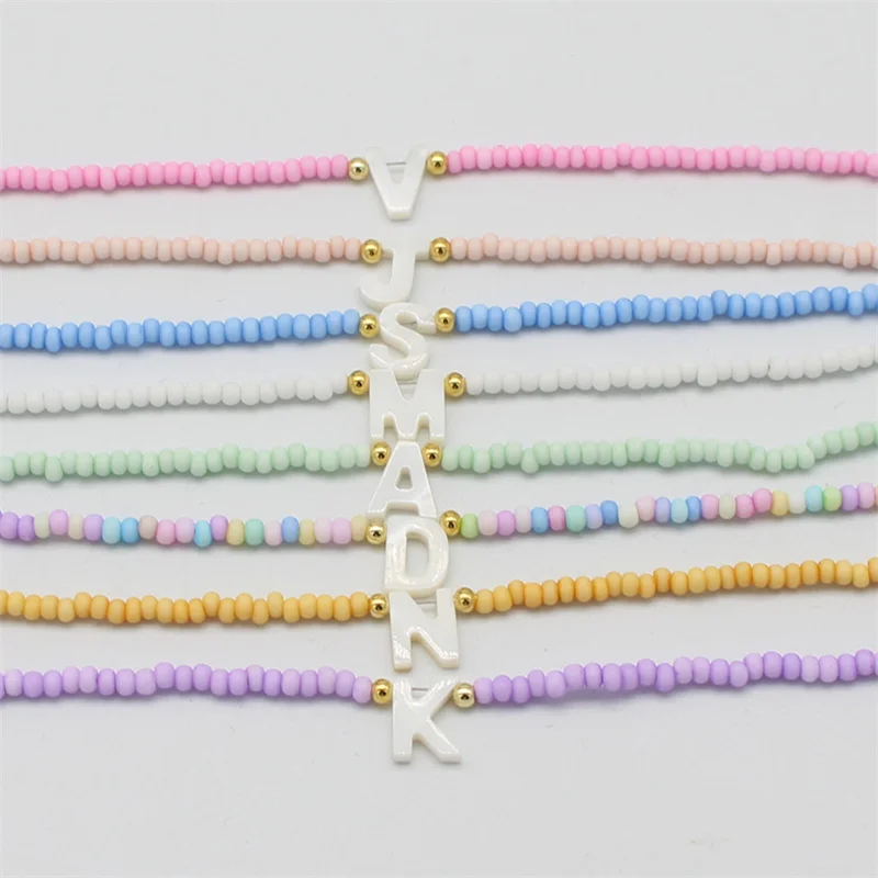 Bohemia Beads Choker Necklace Women Handmade Initial 26 Letters Shell Pendant Candy Color Neck Chain Fashion Jewelry Accessories