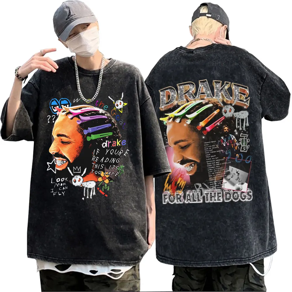 

Washed Vintage Rapper Drake Face Graphic T-shirt Album for All The Dogs Merch T-shirts Men Hip Hop Fashion Oversized T Shirts