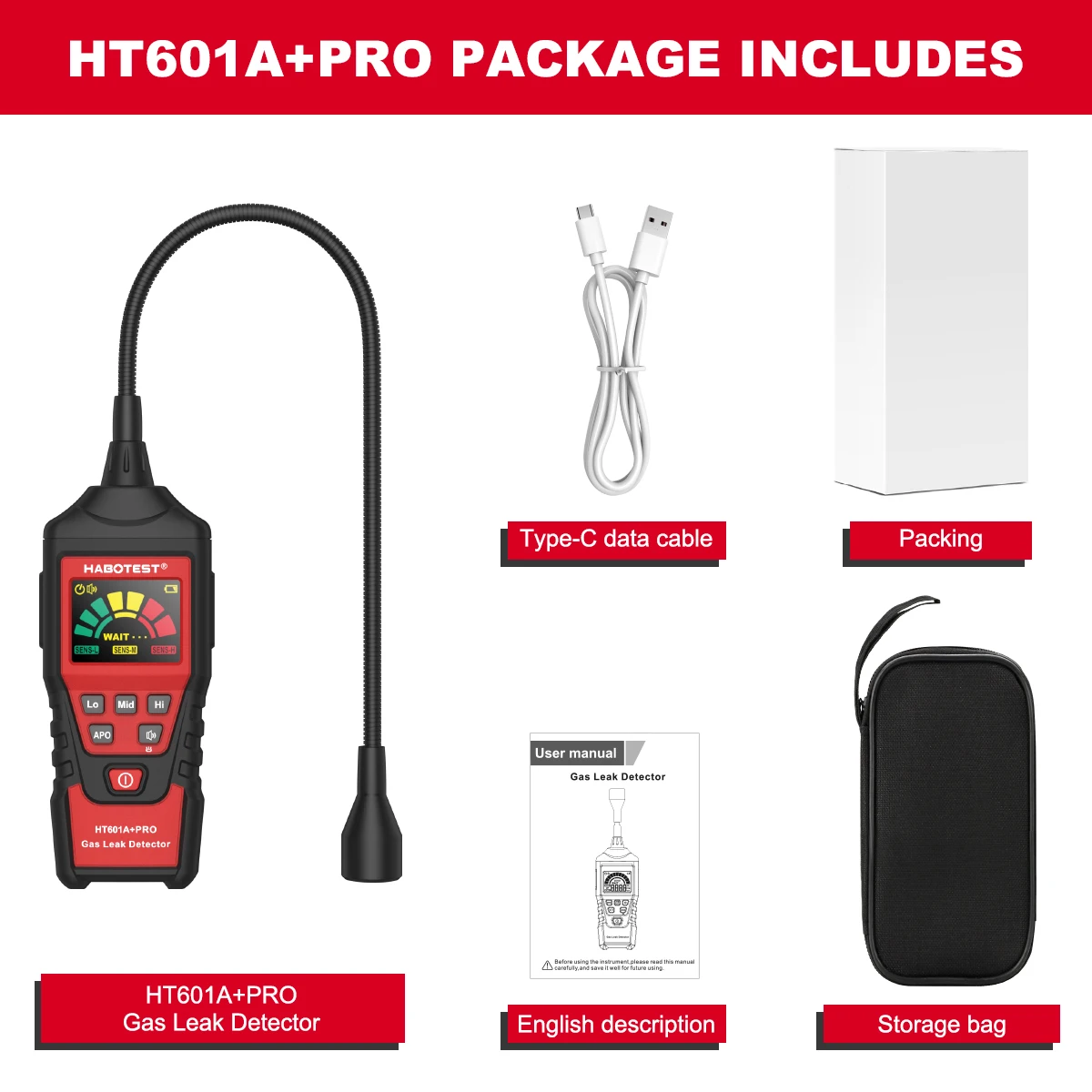 HABOTEST HT601B+PRO Gaslekdetector 0-9999PPM Flexibele sonde Snelle respons Brandbaar Natuurlijk methaangasdetector