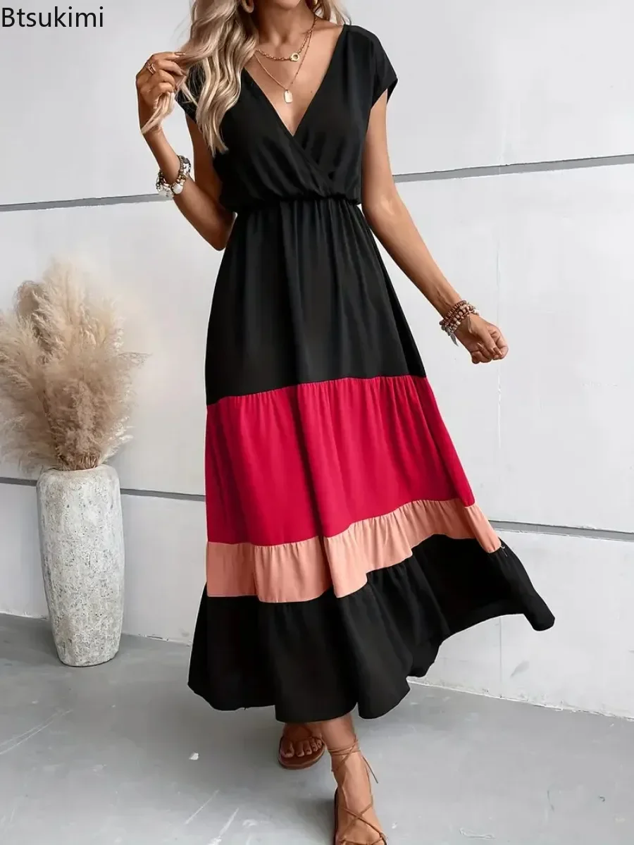 2024 Chic Splice Long Dresses Women's Summer Short Sleeve V-neck Pleated Dresses Colorblock Casual Vacation Maxi Dress for Women