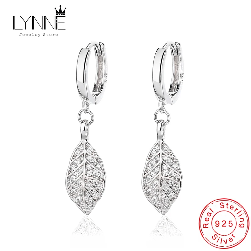 

New Bohemian 925 Sterling Silver Leaf Rhinestone Pendants Hoop Earrings Women Jewelry Fine Golden Leaves Zircon Long Drop Ear