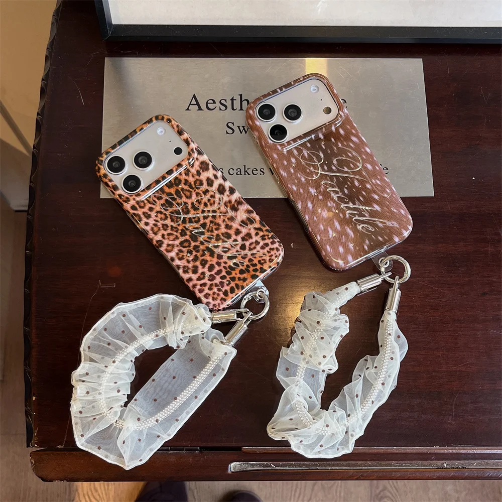Fashion Korea Ins Leopard lace Phone Case For iPhone 18 Pro max 17 16 15 Cases Protective Cover Cute with Chain 18 Pro Funda