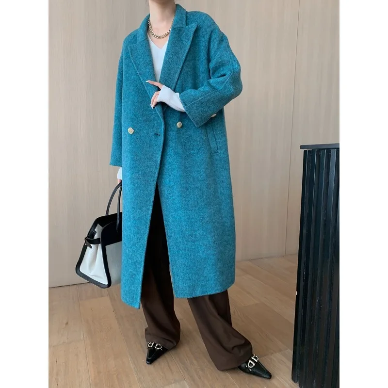 Winter Wool Trench Coat Women Fall Peacoat Long Woolen Coat Blue Khaki