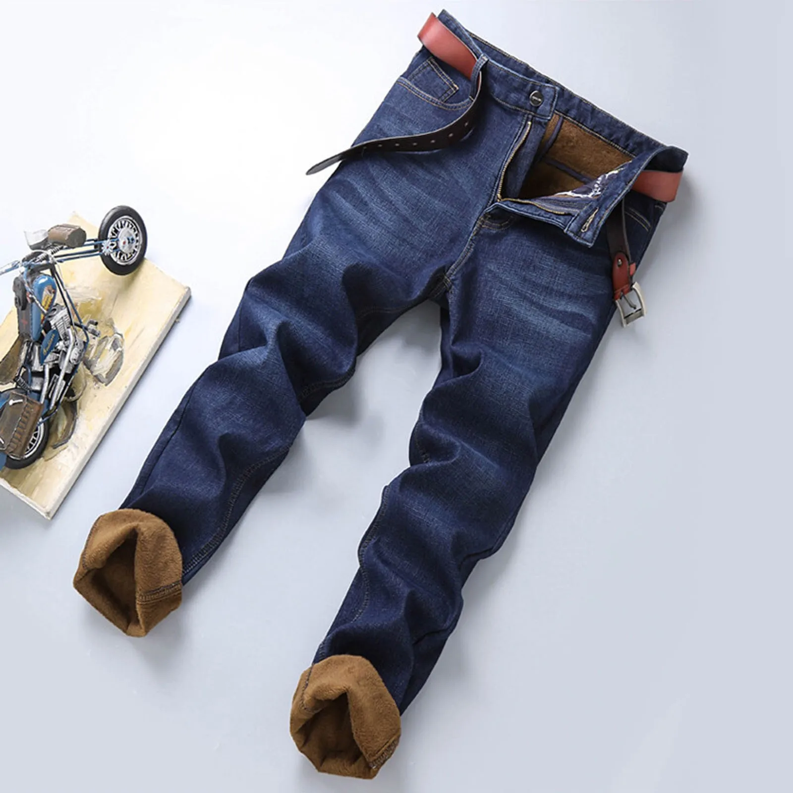 2024 Stretch Man Solid Color Jeans Autumn Winter Fleece Warm Casual High Quality Straight Denim Pants Trousers Male