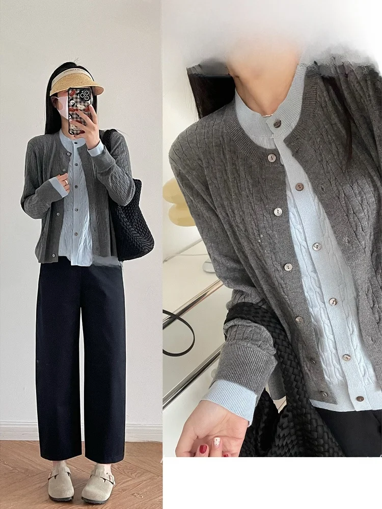 

New Autumn Color Blo Knitted Sweater round Ne Long Sve Women's Fake Two-Piece Twist Yarn Slimming Versatile Outerwear