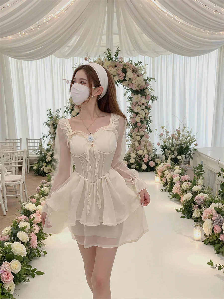 여성용 흰색 드레스 A라인 리본 단색 봄 플레어 소매 브이넥 루즈핏 오버사이즈 반오픈 터틀넥 프린트 실키