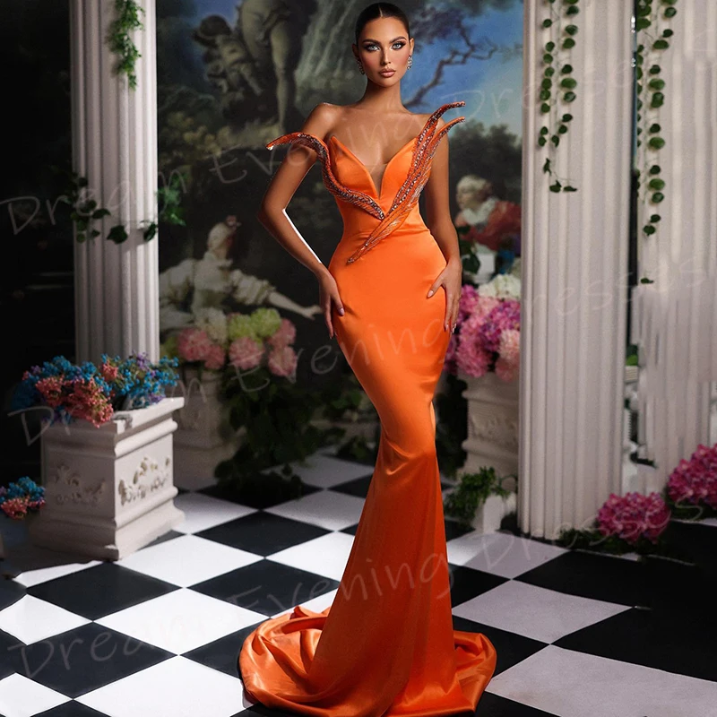 Hübsche orange Frauen Meerjungfrau sexy Abendkleider schöne Schatz ärmellose Perlen Ballkleider elegante Vestido Festas Luxo