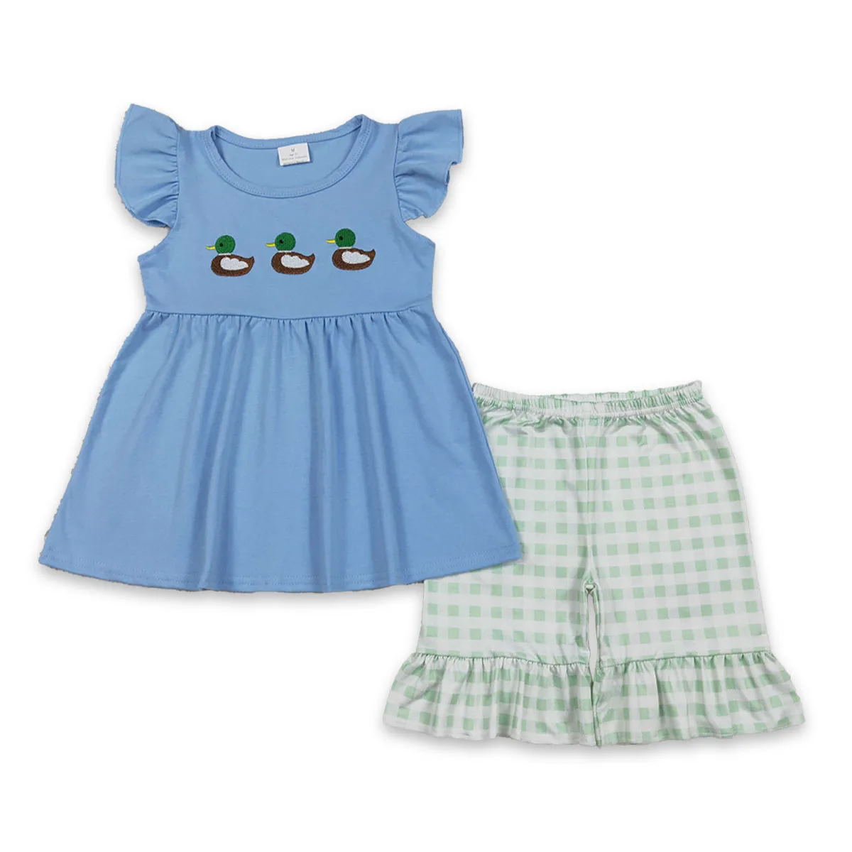 Kids Children Flutter Sleeve Embroidery Ducks Tunic Tops Toddler Ruffle Shorts Outfit Summer Baby Girls Two Pieces Set Wholesale