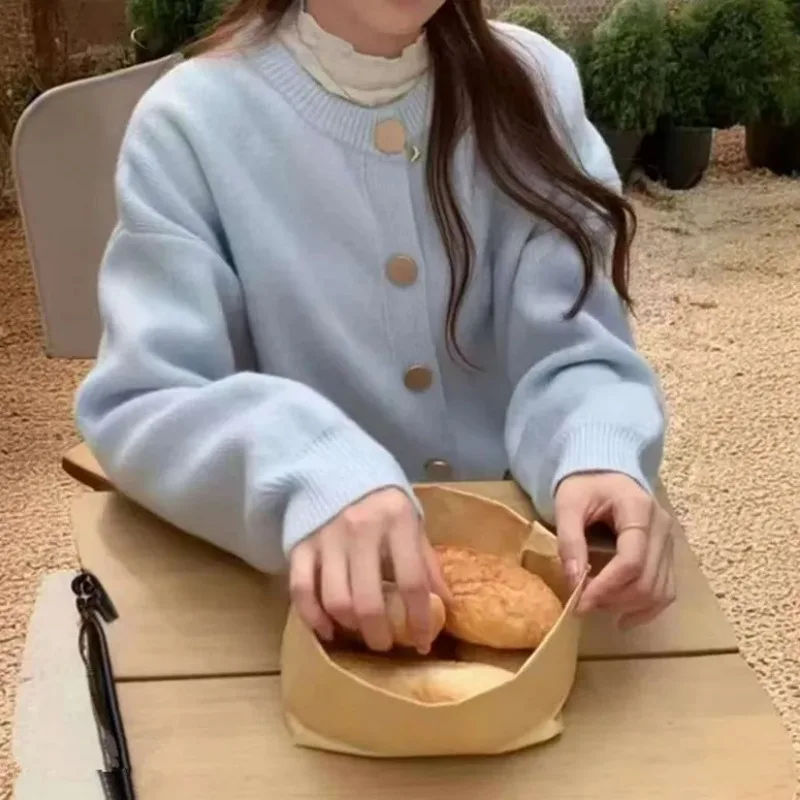 

Women Clothes Autumn Winter Fashion Korean Button Solid Color O-neck Knitting Female All-match Appear Thin Cardigan Sweater Coat