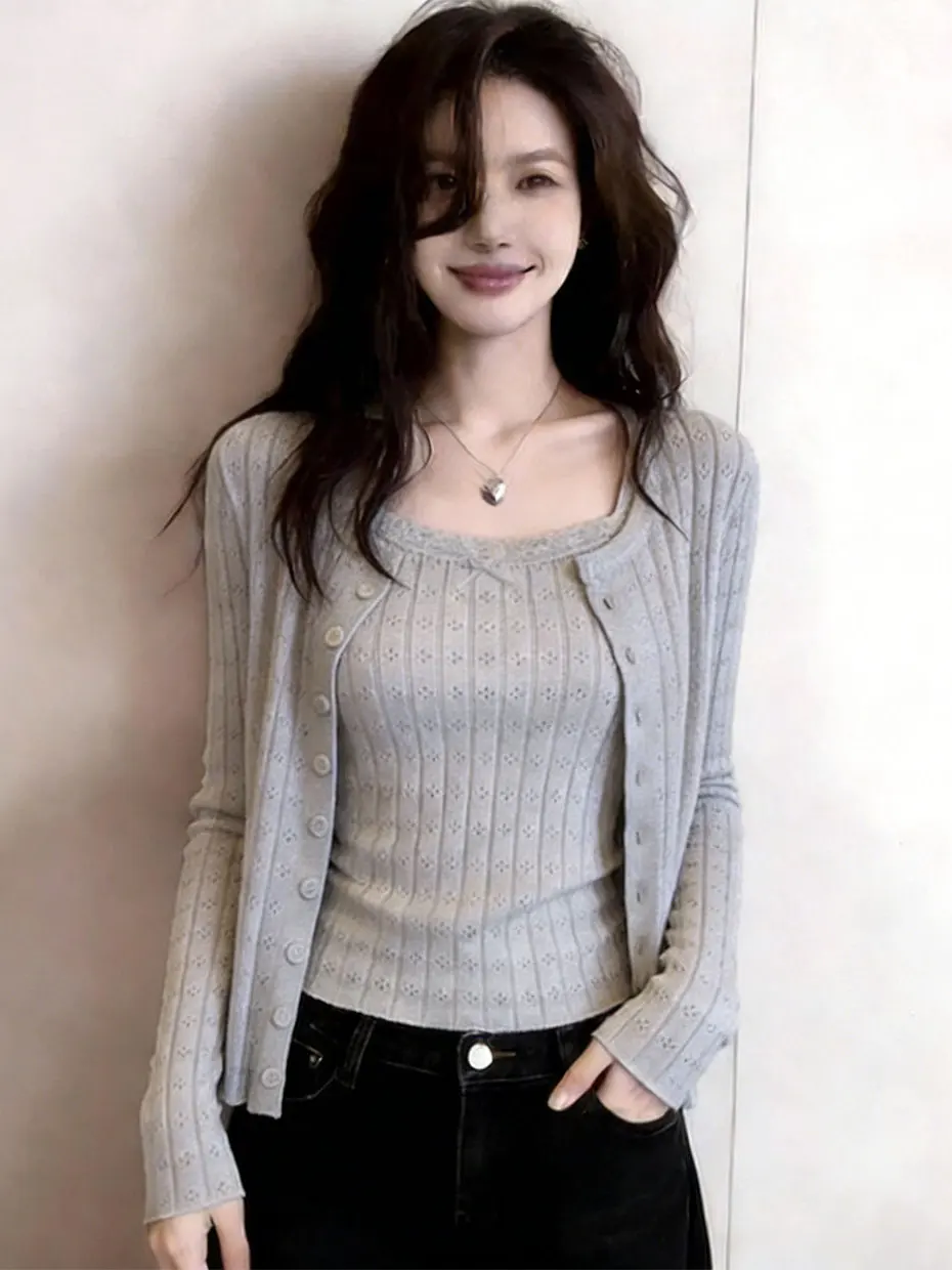 

Spring Early Knitted Hollow out Thin Women's Outerwear Set Two-Piece Knitwear Long Sleeve Regular Fit Polyester Fiber