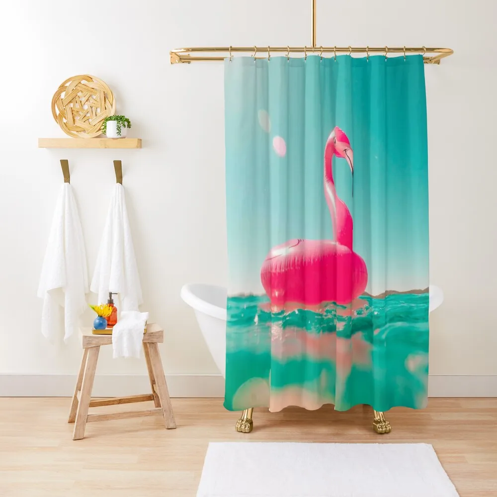 

Pink Flamingo Floater on Teal Water Shower Curtain For Bathroom For Bathroom Shower Curtain