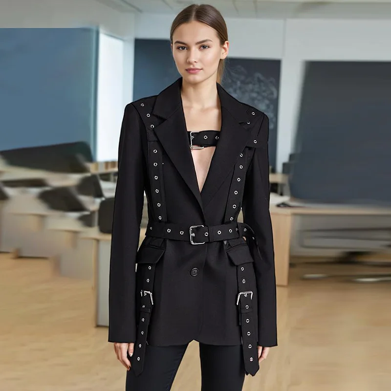 

Women's Solid Color Temperament Suit Jacket 2025 Autumn Notched Single Breated Belted Slim Biker Motor Style Casual Blazer