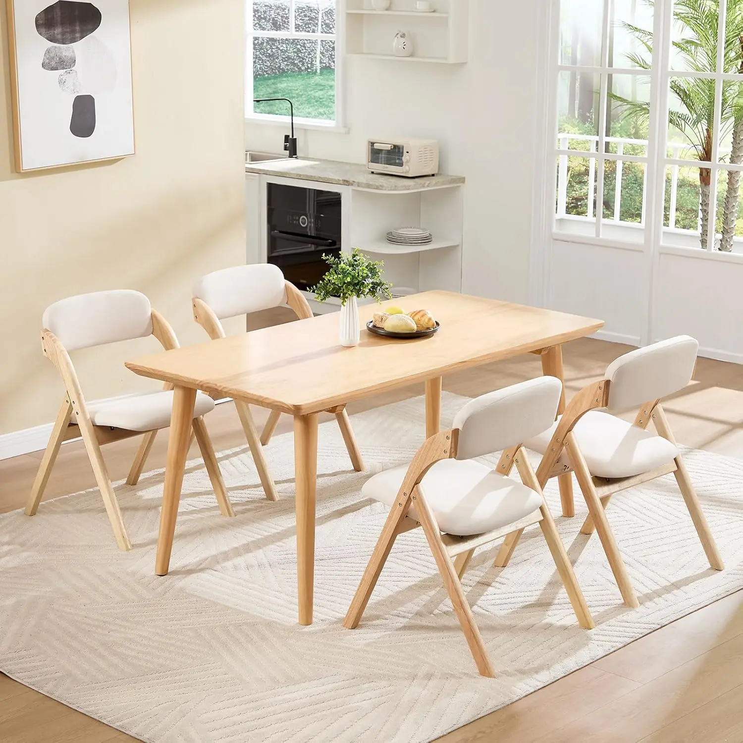 Folding Chairs with Cushion Set of 4,Linen Padded Foldable Dining Chairs, Raw Wooden Folding Dining Chairs, Customized
